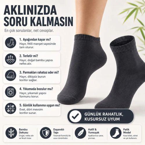 Erkek Kısa Konç 12’li Bambu Çorap 39-44 Dikişsiz Burun Nefes Alan Yumuşak Günlük Patik Çorap