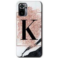 MRCİLETİSİM Xiaomi Redmi Note 10 Kılıf Kapak - Pembe Mermer Desenli K Harfi +Hayalet Ekran Yandan Gözükmez