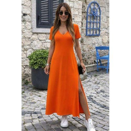 Kadın Kısa Kollu V Yakalı Maksi Boy Viskon Elbise