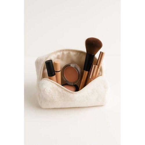 Peluş Yumuşacık Makyaj Çantası - Kozmetik Organizeri Ekru