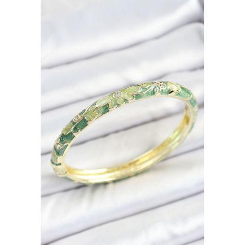 Mineli Pirinç Zirkon Taşlı Yeşil Çiçek Desenli Gold Renk Kadın Kelepçe