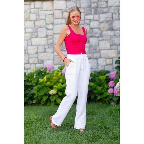 Beli Lastikli Multi Çift Cepli Müslin Kadın/Erkek Unisex Yazlık Pantolon Beyaz Byz