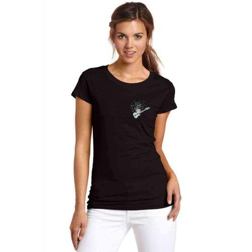 Gitar Notalar Göğüs Baskılı Siyah Kadın Tshirt