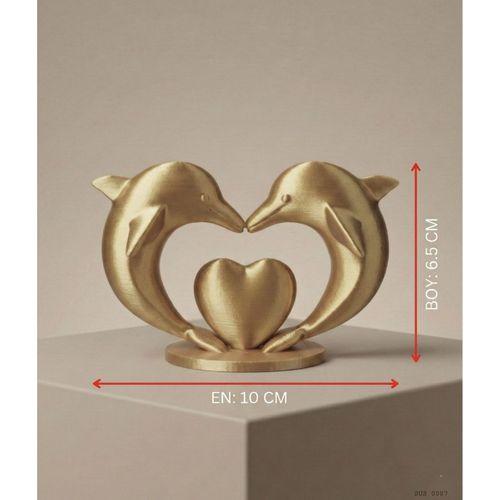 Altın Renk Çift Yunus Kalp Dekor Biblo