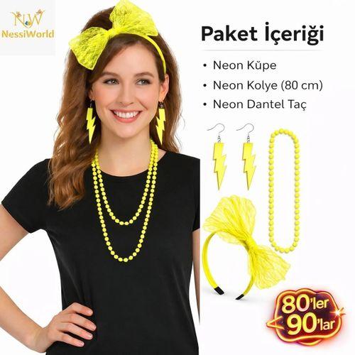 80’ler 90’lar Neon Sarı Parti Seti – Kolye Küpe Taç