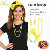 80’ler 90’lar Neon Sarı Parti Seti – Kolye Küpe Taç