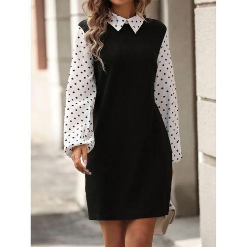 Kadın Uzun Kollu Yakalı Kol Ve Yaka Puantiye Detaylı Ithal Krep Elbise
