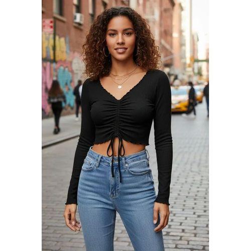Kadın Siyah Uzun Kol Drapeli Bağcık Detaylı Crop Top Bluz