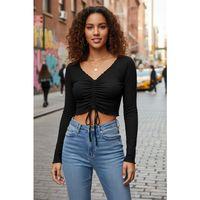 Kadın Siyah Uzun Kol Drapeli Bağcık Detaylı Crop Top Bluz