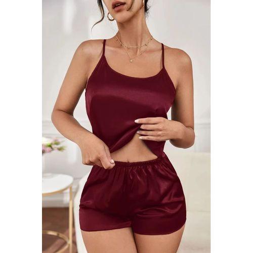 Kadın Bordo Asimetrik Sırt Dekolte Detaylı Şık Şortlu Gecelik Takım