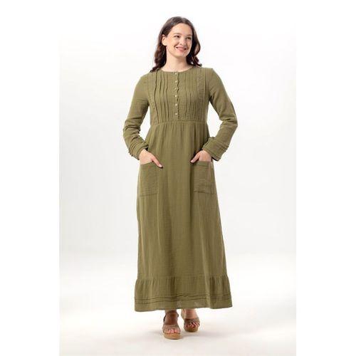 Uzun Kol Dora Yuvarlak Yaka Düğmeli Çift Cepli Yazlık Uzun Müslin Elbise Haki Hk
