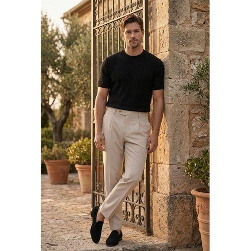 Walsh Saç Örgü Desenli Bisiklet Yaka İnce Triko Erkek T-Shirt - Siyah