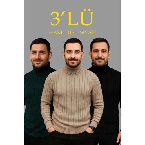 Erkek Fitilli Triko Kazak 3lÜ Set Bej Haki Siyah Regular Balıkcı Yaka Tam Boğazlı Triko Seti Modeli Kazak