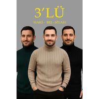 Erkek Fitilli Triko Kazak 3lÜ Set Bej Haki Siyah Regular Balıkcı Yaka Tam Boğazlı Triko Seti Modeli Kazak