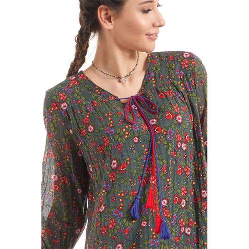 Şile Bezi Yeşil Uzun Kol Vual Çiçek Desenli Elbise