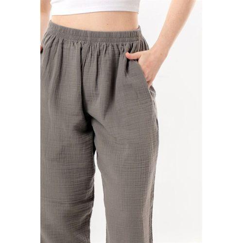 Beli Lastikli Yandan Çift Cepli Müslin Şalvar Pantolon Gri Gri