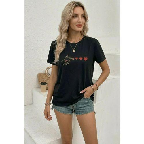 Minimal Kalp İşaret Baskılı Tişört Kısa Kol Yazlık T-Shirt - Siyah