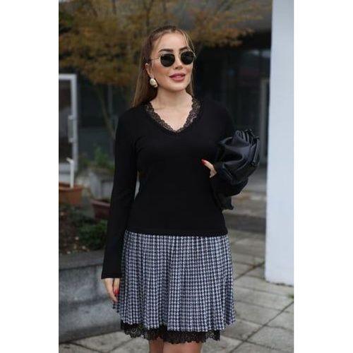 Kadın Uzun Kollu Denteli Yaka Ekose Etek Detay Diz üstü Elbise