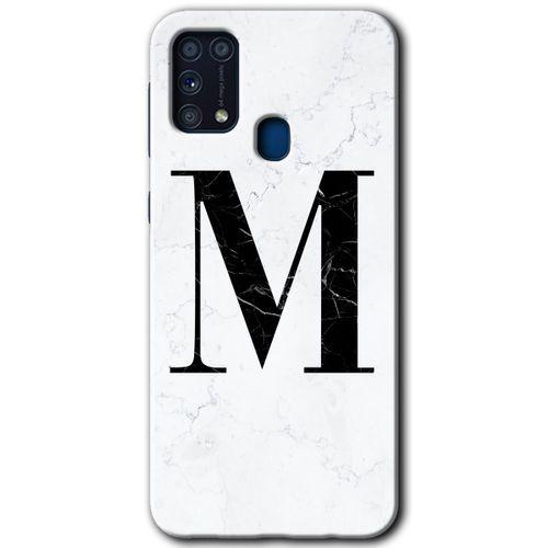 MRCİLETİSİM Samsung Galaxy M31 Kılıf Baskılı Kapak - Beyaz Mermer Desenli M Harfi + 5D Tam Kaplayan Cam