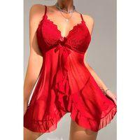 Kadın Kırmızı Dantelli, Fırfırlı Tül Ve Fiyonk Detaylı Tangalı Gecelik Takımı