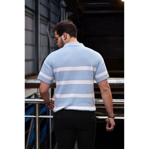 Yarım Fermuar Çizgili Oversize Triko T-Shirt - Açık Mavi
