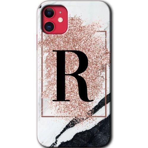 iPhone 11 Kılıf Baskılı Kapak - Pembe Mermer Desenli R Harfi +Tam Kaplayan Mat Seramik