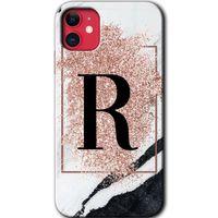 iPhone 11 Kılıf Baskılı Kapak - Pembe Mermer Desenli R Harfi +Tam Kaplayan Mat Seramik