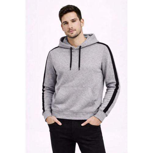 Erkek Şeritli Kapüşonlu Sweatshirt Oversize 3 Iplik Pamuklu - Gri