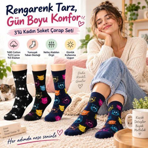 Unisex Kedi Desenli Çorap 6'lı Set Pamuklu Renkli Uzun Soket Dikişsiz Nefes Alan Rahat Günlük Çorap