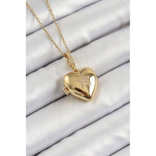 316L Çelik Zincir Açılabilir Yıldız Figürlü Kalp Model Zirkon Taşlı Gold Renk Kadın Kolye