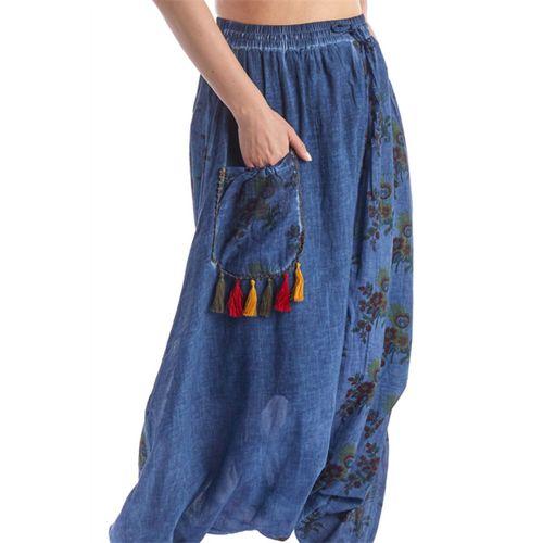İndigo Beli Lastikli Otantik Yazlık Kadın Püsküllü Poplin Şalvar