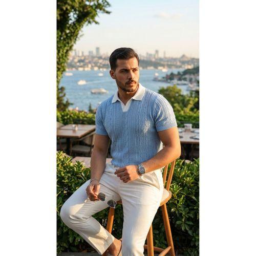 Erkek Desenli Kısa Kollu Triko Tişört - %100 Pamuk Akrilik