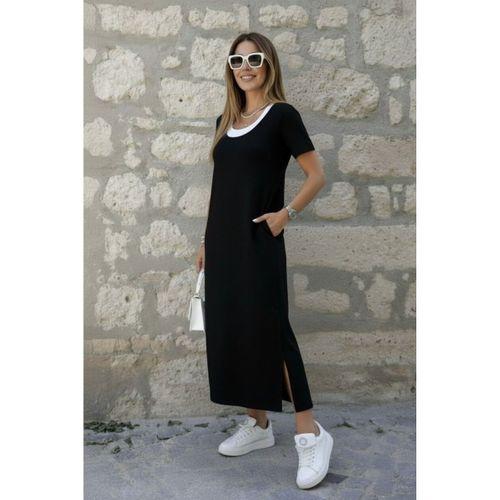 Kadın Kısa Kollu Içi Atlet Görünümlü Yandan Yırtmaçlı Uzun Viskon Elbise