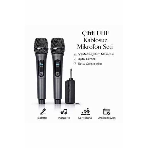 Profesyonel Çiftli Kablosuz Mikrofon Seti Karaoke Şarj Edilebilir 50 Metre