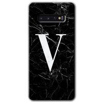 MRCİLETİSİM MRCİLETİSİM Samsung Galaxy S10 Kılıf HD Desen Baskılı Arka Kapak + Temperli Cam - Siyah Mermer Desenli V Harfi