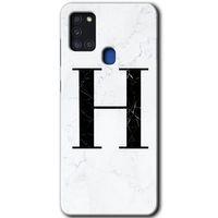 Samsung Galaxy A21s Kılıf Baskılı Kapak - Beyaz Mermer Desenli H Harfi +Tam Ekran Koruyucu
