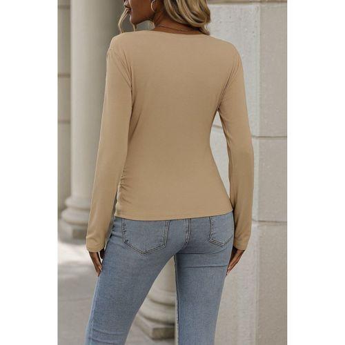 Kadın Uzun Kollu Kruvaze Yaka Yanlardan Büzgülü Viskon Bluz