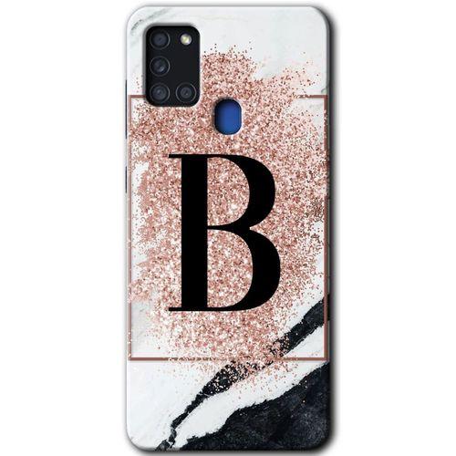 Galaxy A21s Kılıf HD Desen Baskılı Arka Kapak - Pembe Mermer Desenli B Harfi + Kırılmaz Cam