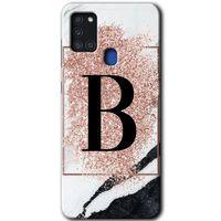 Galaxy A21s Kılıf HD Desen Baskılı Arka Kapak - Pembe Mermer Desenli B Harfi + Kırılmaz Cam