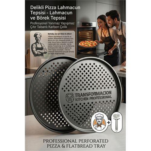 Profesyonel Delikli Pizza Tepsisi 32 cm - Yanmaz Yapışmaz Çıtır Tabanlı Karbon Çelik Lahmacun ve Börek Tepsisi 723292