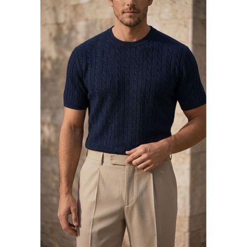 Walsh Saç Örgü Desenli Bisiklet Yaka İnce Triko Erkek T-Shirt - Lacivert