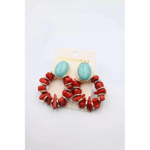 Taşlı Halkalı Küpe - Kırmızı