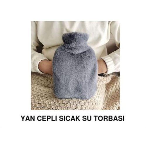 Sıcak Su Torbası Yan Cepli Gri  Peluş Termofor 27X17X2Cm  1 Litre