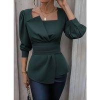 Kadın Uzun Kollu Geometrik Yakalı Belden Oturmalı Ithal Krep Bluz