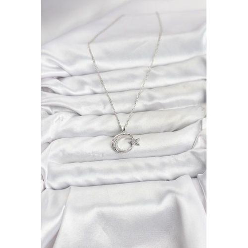 316L Çelik Zincir Gümüş Renk Ay Yıldız Model Zirkon Taşlı Kadın Kolye