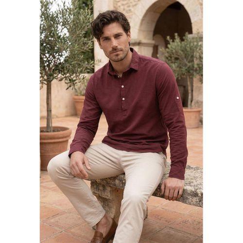 Yarım Pat Yakalı York Pamuk Kumaşlı Uzun Kollu Erkek Gömlek - Bordo