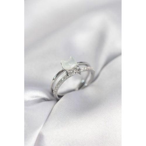 Gümüş Renk Sedefli Kedi Model Fiyonklu Zirkon Taşlı Kadın Yüzük