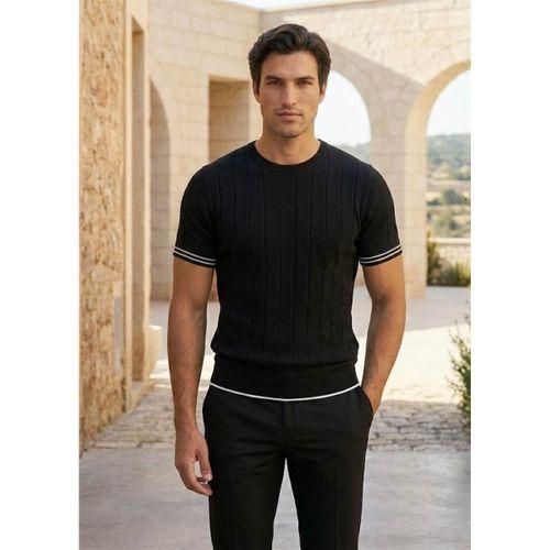 Dale Kolları Şeritli Bisiklet Yaka İnce Triko Örme Regular Fit Erkek T-Shirt - Siyah