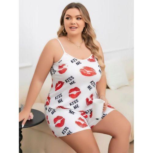 Büyük Beden Kiss Me Öpücük Desen Pamuklu Şortlu Pijama Takımı