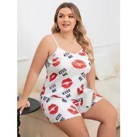 Büyük Beden Kiss Me Öpücük Desen Pamuklu Şortlu Pijama Takımı